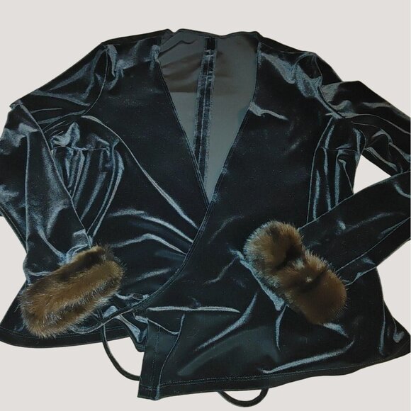 Black Velvet Wrap Size L Mink Fur Cuffs Long Sleeves Adjustable Waist Tie Blouse - Picture 6 of 12